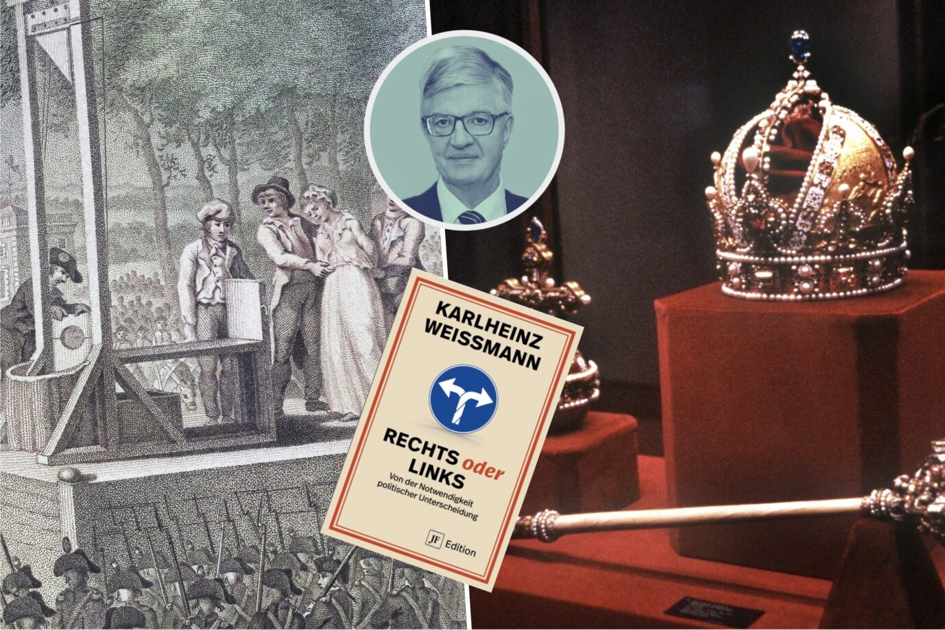 Links sieht man wie Marie Antoinette während der Französischen revolution zur Guillotine geführt wird, daneben sieht man die Reichsinsignien des Heiligen Römischen Reichs Deutscher Nation – Symbolbilder für Links und Rechts, den Themen des neuen Buchs von Karlheinz Weißmann