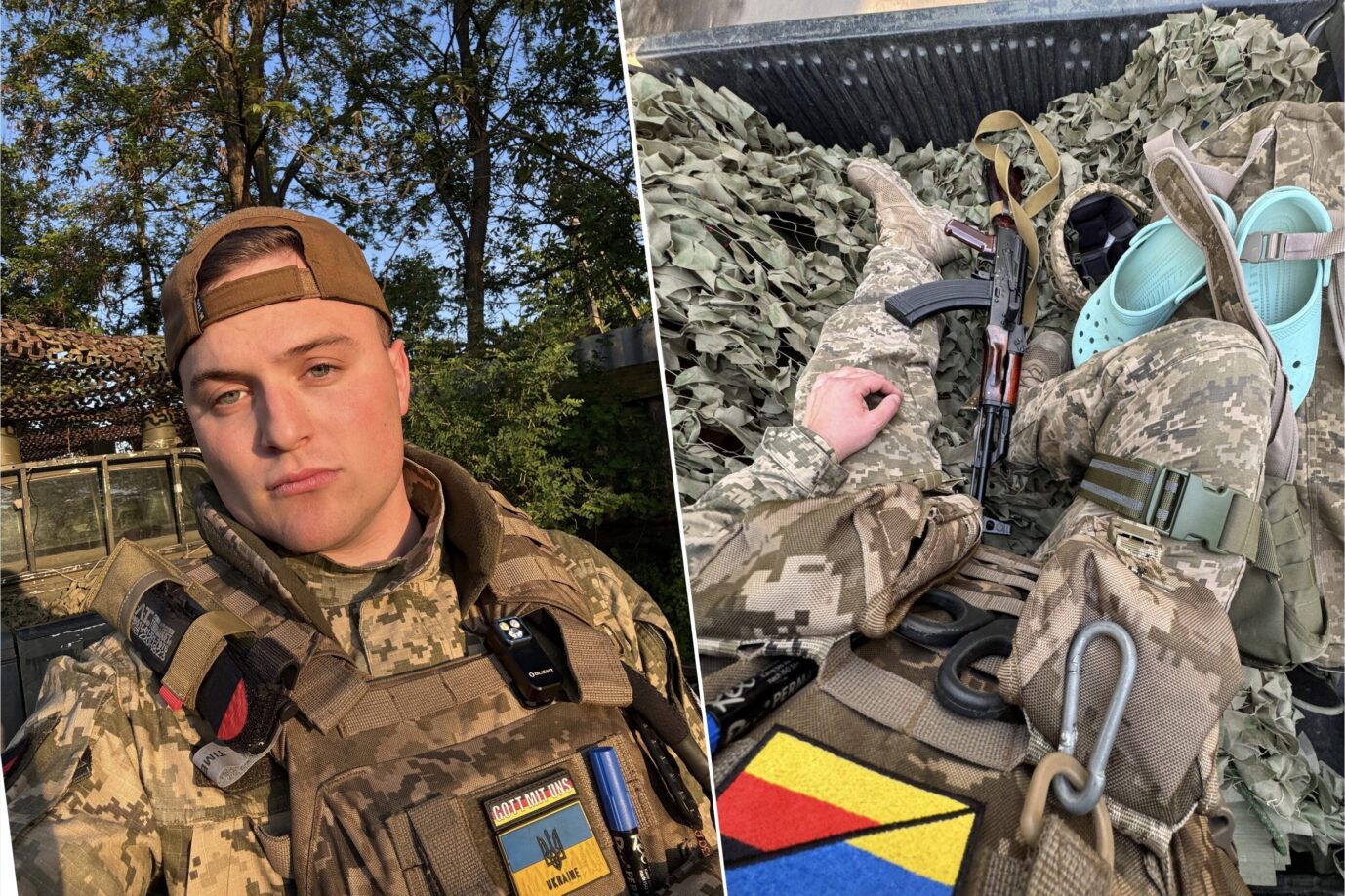 Links sieht man einen jungen Mann mit kräftigen Kinn und in Militäruniform – es ist Tim Schramm, der interviewte AfD-Politiker, rechts daneben sieht man eine Kalaschnikow und andere Ausrüstungsgegenstände