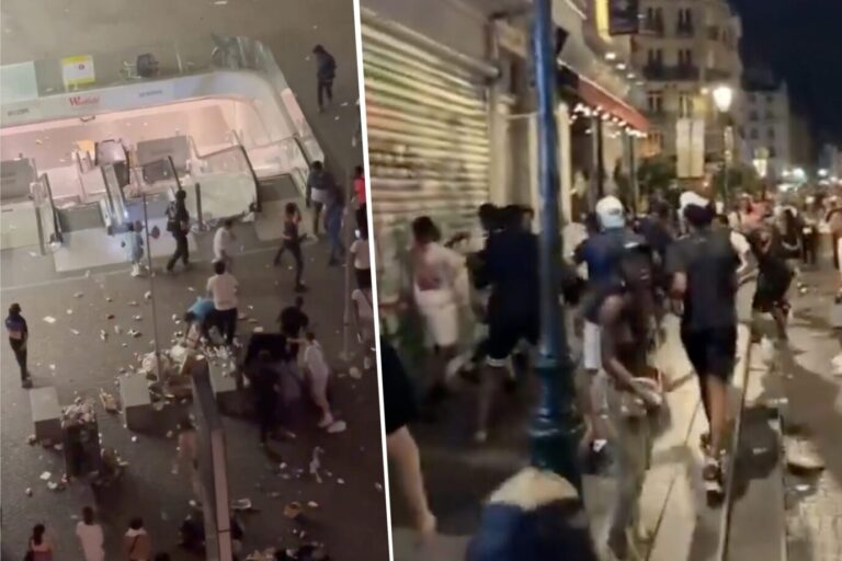 Links sieht man Migranten beim Zerstören einer Rolltreppe in Paris, daneben Plünderungen – beides Taten während eines Musikfestivals namens „Fête de la Musique“ in Frankreich