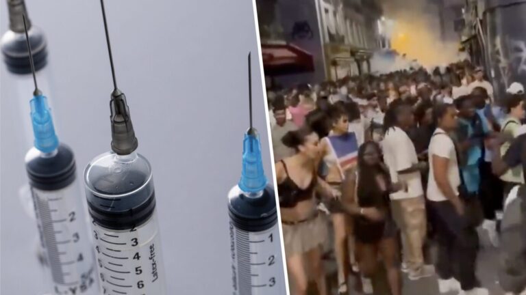 Links sieht man mehrere Spritzen mit aufgereckten Nadeln, daneben sieht man eine Straßenszene von „Fête de la Musique“-Festival, auf der sich junge Menschen, darunter Frauen, über eine Straße drängen