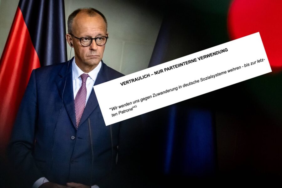 Das Bild zeigt Bundeskanzler Friedrich Merz von der CDU und einen Auszug aus einem Gutachten über die Union.