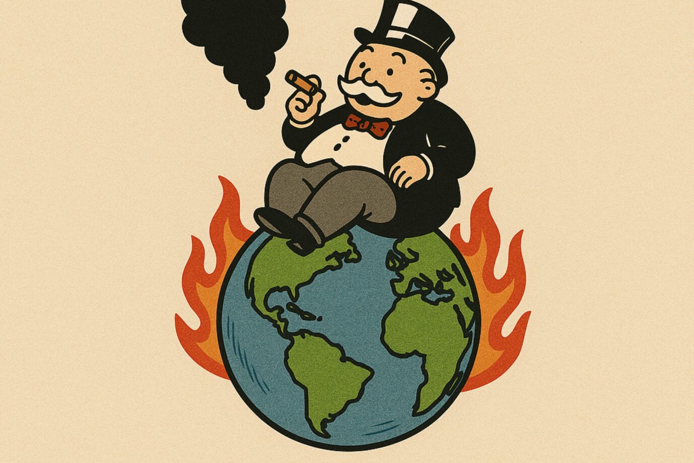 Das Bild zeigt ein Monopolymännchen auf einem brennenden Erdball als Symbolbild für den Klimawandel.