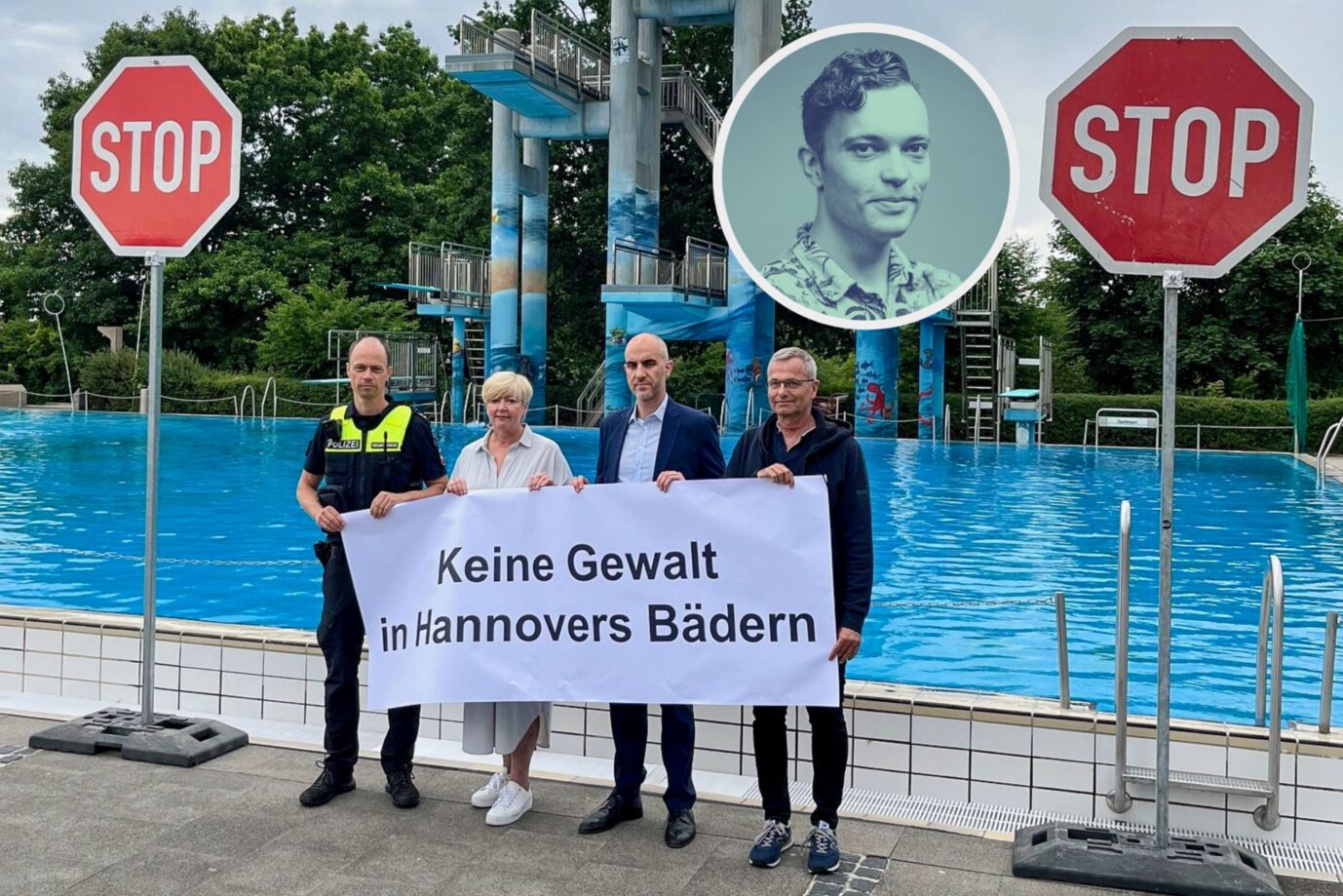 Das Bild zeigt mehrere Beamte aus Hannover im Lister Freibad.