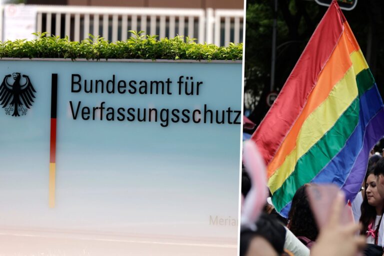 Das Bild zeigt das Hauptgebäude des Verfassungsschutzes in Köln und eine Regenbogenfahne.