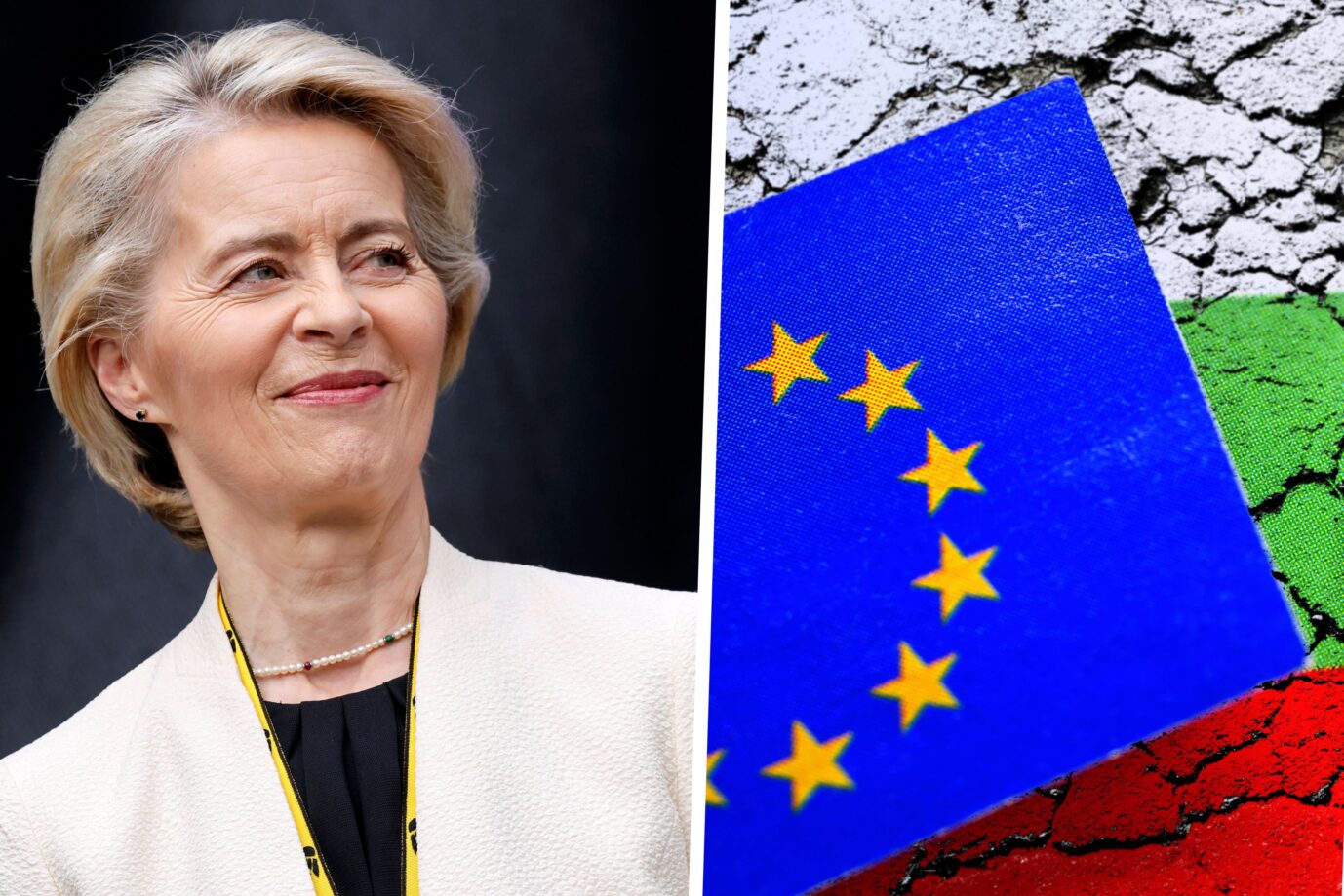 Ursula von der Leyen und ein Symbolbild von EU-Flagge und der Flagge Bulgariens. Der Euro-Beitritt ist beschlossen.