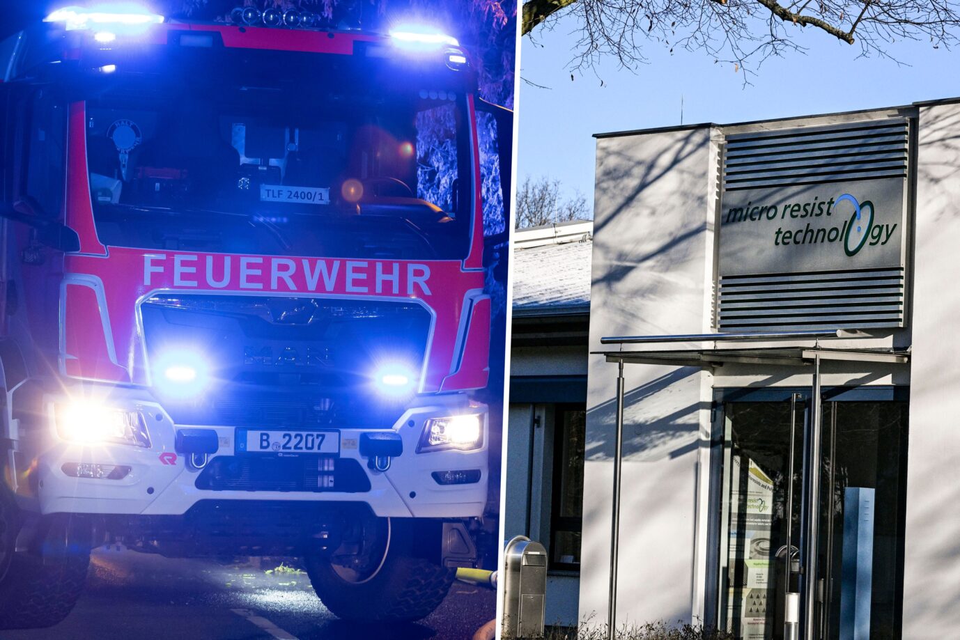 Ein Löschfahrzeug der Berliner Feuerwehr und das Firmengebäude von Micro Resist Technology. Linksextreme bekennen sich zu Brandanschlag.