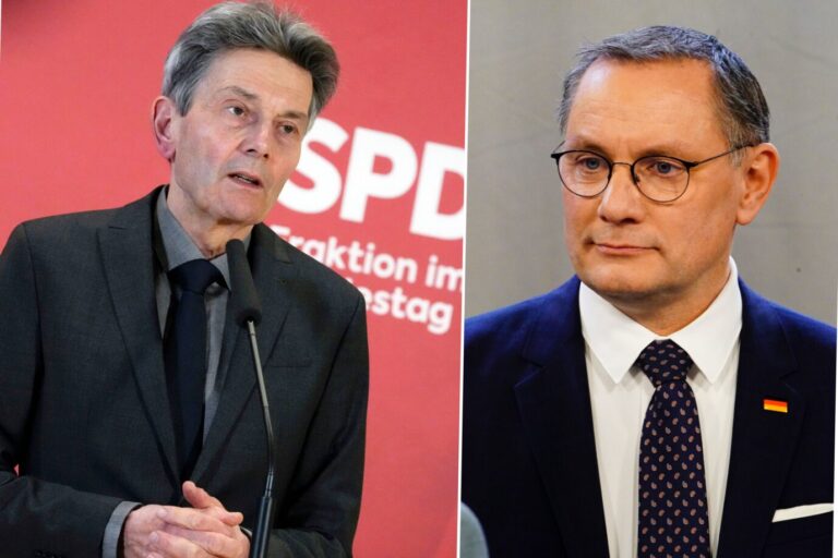 Rolf Mützenich und Afd-Chef Tino Chrupalla (r.): Lob für SPD-Manifest. Fotos: picture alliance / ABBfoto /// picture alliance / Geisler-Fotopress | Bernd Elmenthaler/Geisler-Fotopr