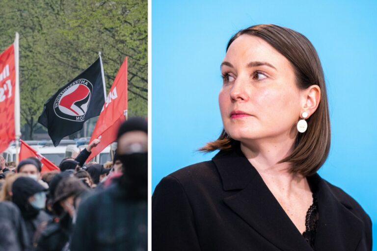 Thüringens Sozialministerin Katharina Schenk und eine Antifa-Fahne.