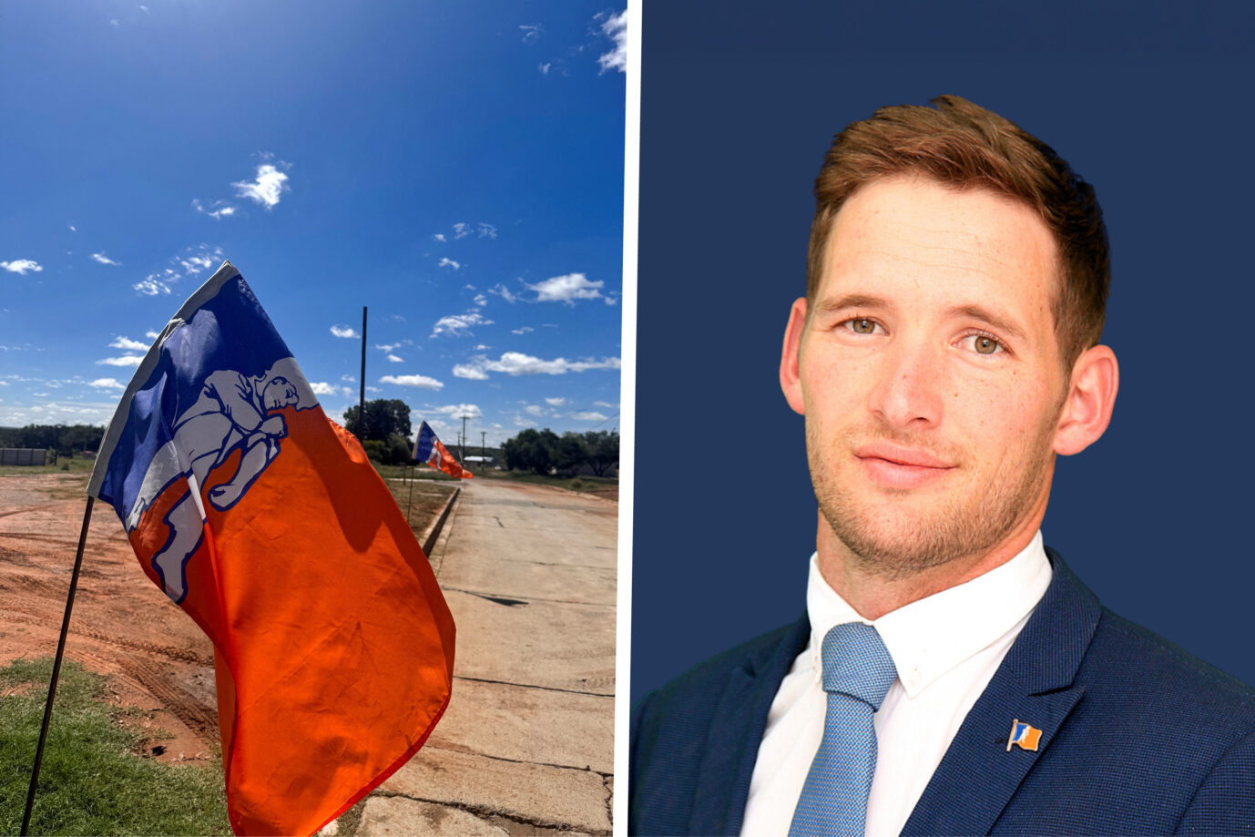 Die Flagge von Orania, deren Farben auf die erste Trikolore Südafrikas zurückgehen: Der Geschäftsführende Leiter der Gemeinschaft, Joost Strydom rechnet mit der ANC-Politik ab. (Themenbild/Collage)