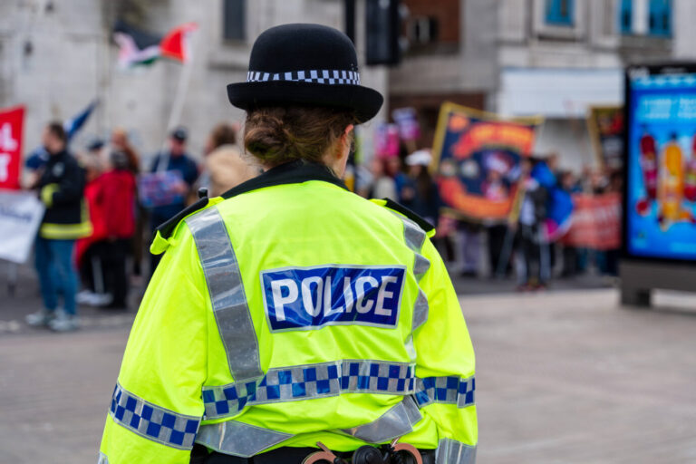 Eine Polizisten in gelber Polizeiuniform steht auf einer Straße in Großbritannien – vielleicht hält sie nach pakistanischen Grooming Gangs Ausschau