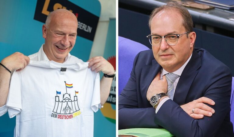 Innenminister Alexander Dobrindt (rechts) kritisiert Berlins Regierenden Bürgermeister Kai Wegner, hier mit Anti-Merz-T-Shirt beim lesbisch-schwulen Straßenfest.