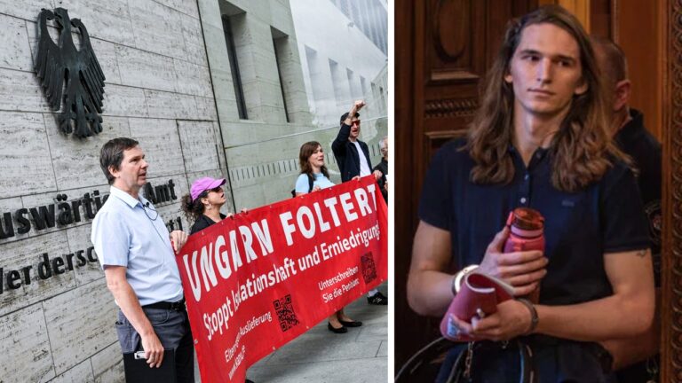 Protestaktion für „Maja T.“ (rechts) vor dem Auswärtigen Amt. Ganz links: Vater Wolfram Jarosch.