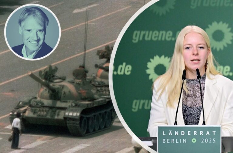 Die Demokratin Jette Nietzard (Grüne) und chinesische Panzer, die auf dem Platz des Himmlischen Friedens ein Massaker an Dissidenten anrichten.