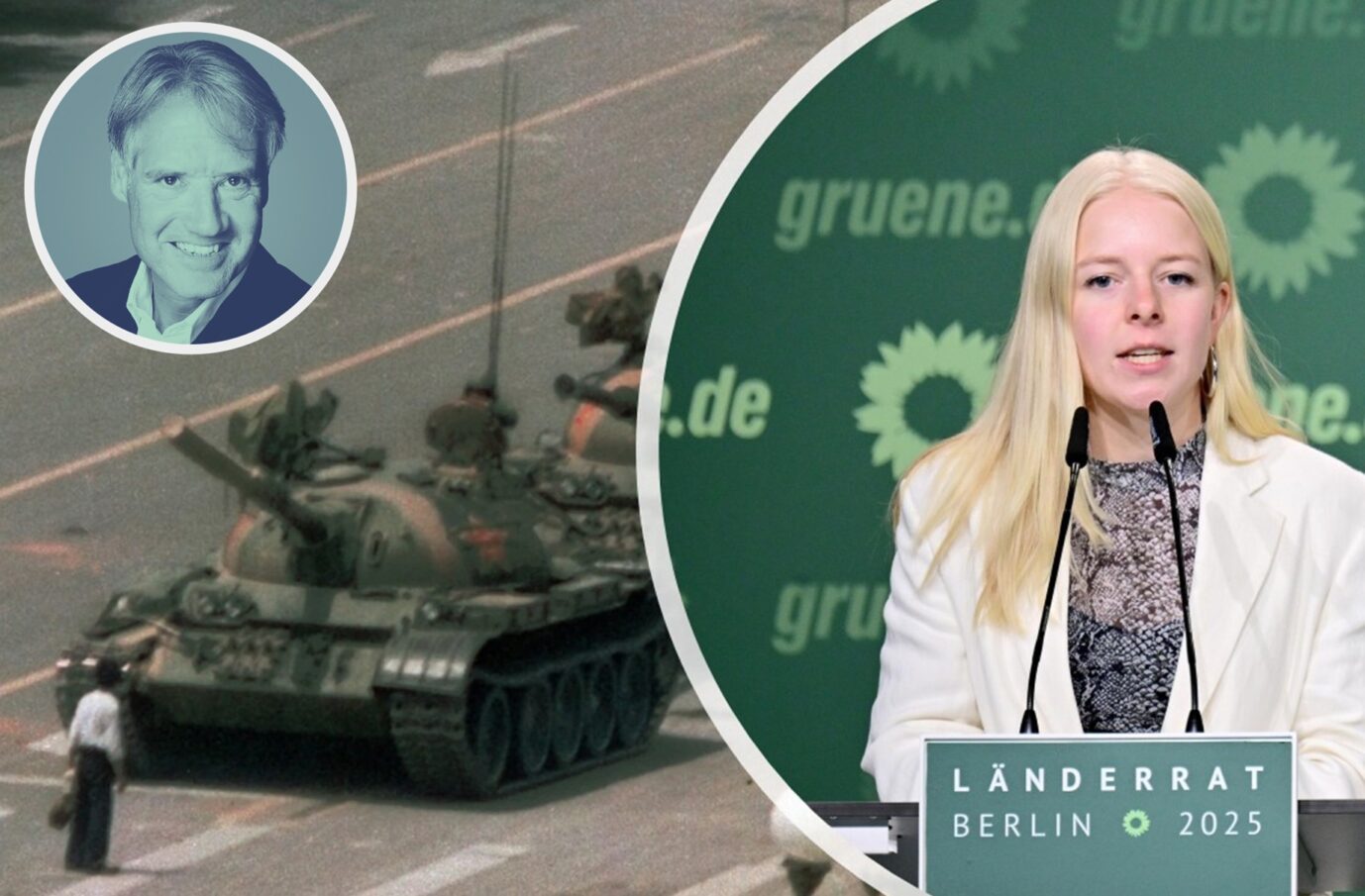 Die Demokratin Jette Nietzard (Grüne) und chinesische Panzer, die auf dem Platz des Himmlischen Friedens ein Massaker an Dissidenten anrichten.