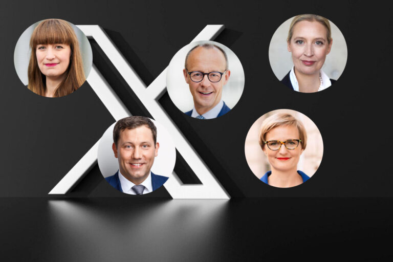 Politiker auf X: AfD-Chefin Alice Weidel (rechts oben) hat die meisten Follower. Sie läßt damit (von links oben nach rechts unten) Heidi Reichinnek (Linke), Friedrich Merz (CDU), Lars Klingbeil (SPD) und Franziska Brantner (Grüne) hinter sich.