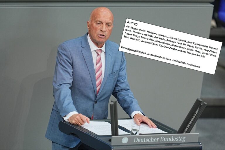 Rüdiger Lucassen und ein Ausschnitt des Antragsentwurfes: Fraktion debattiert Wehrpflicht. Foto: picture alliance/dpa | Michael Kappeler /// Screenshot JF
