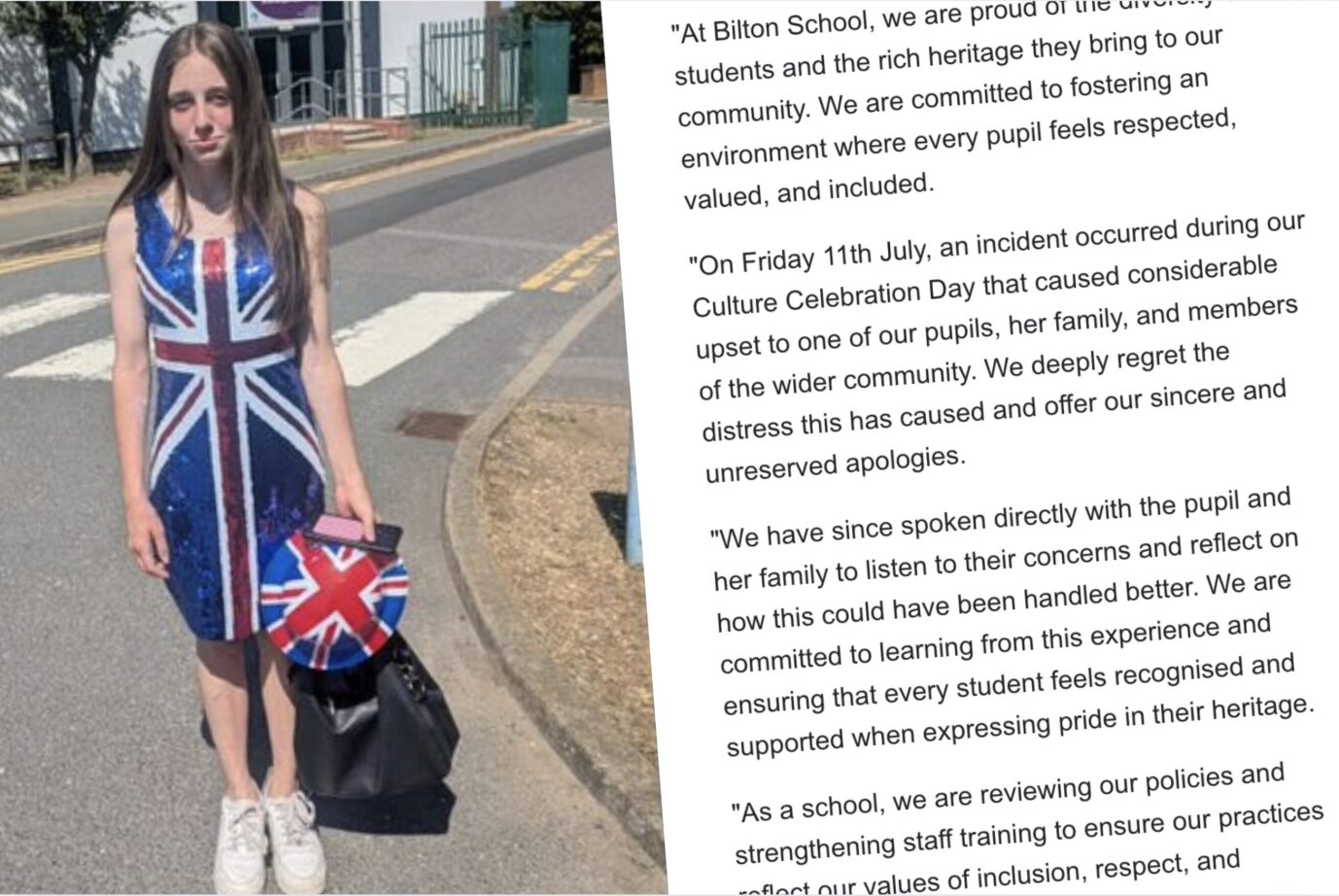 Links sieht man ein junges Mädchen in einem Kleid in den Farben des britischen Union Jack, daneben einen Text auf weißem Grund