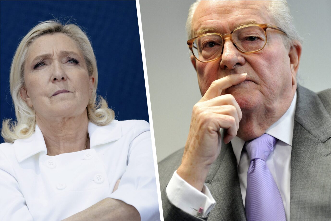 Links sieht man die Fraktionschefin des Rassemblement National, Marine Le Pen in einer weißen Bluse und mit grimmigen Blick, daneben ist ihr Vater Jean-Marie Le Pen und stützt seinen Kopf auf eine Hand