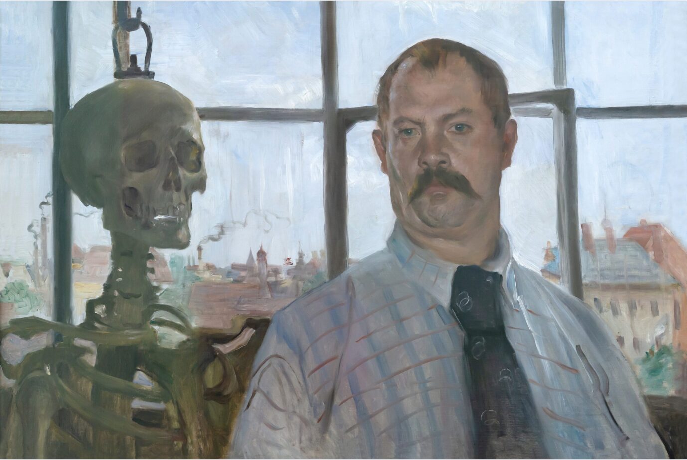 Auf diesem Selbstbildnis sieht man Lovis Corinth neben einem Skelett stehen, das an einem Haken hängt