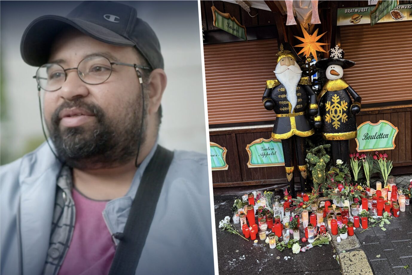 Links sieht man einen Araber mit einer Kappe und einer Brille – es handelt sich um einen Bekannten des Magdeburg-Attentäters namens Ahmad A., daneben sieht man Kerzen am Tatort des Anschlags