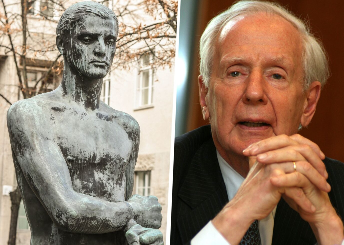 Bronzefigur, Junger Mann mit gebundenen Händen, Statue im Innenhof des sogenannten Bendlerblocks, am historischem Ort des Umsturzversuchs vom 20. Juli 1944 über den Widerstand gegen die Nazis, gegen den Nationalsozialismus. Die Statue steht am Ort der Erschieseung von Claus Schenk Graf von Stauffenberg und seinen Mitverschwörer noch in der Nacht des 20. Julis 1944, nach dem missglückten Attentat auf Hitler. Und Dr. Klaus von Dohnanyi, Hamburgs ehemaliger Erster Bürgermeister, Sohn des Widerständlers Hans von Dohnanyi und Neffe Dietrich Bonhoeffers. Fotos: IMAGO / Winfried Rothermel & privat