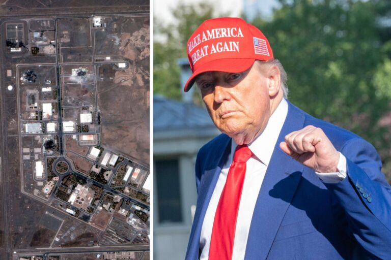 Das Foto zeigt die Nuklearanlage in Natans, die Teil des iranischen Atomprogramms ist, und US-Präsident Donald Trump.