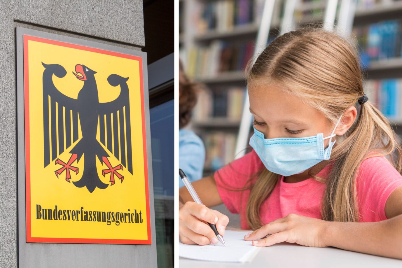 Schülerin mit Corona-Maske und ein Schild des Bundesverfassungsgerichts