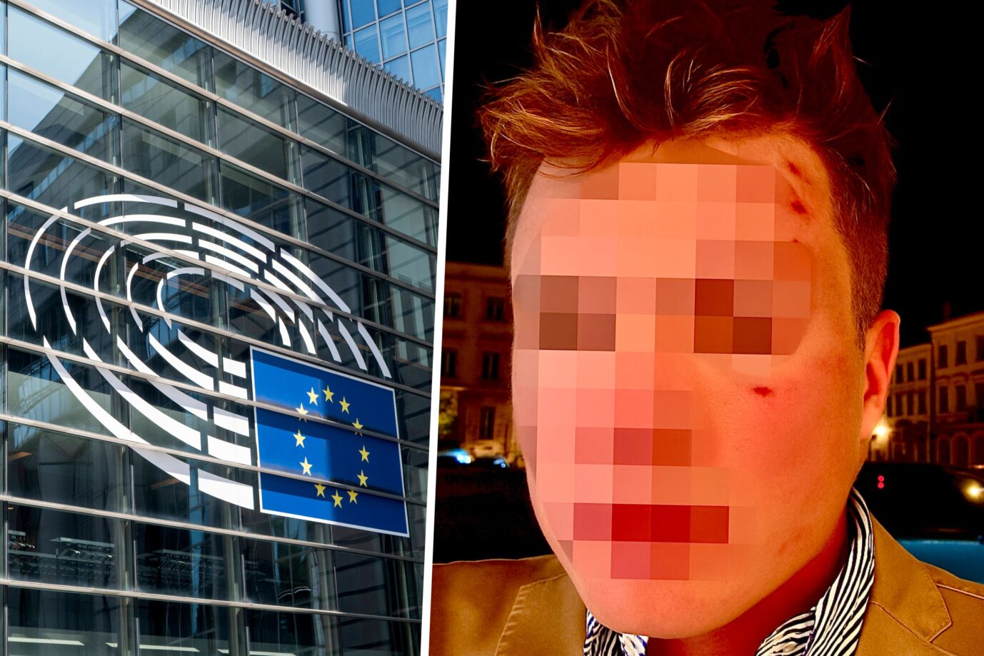 Ein Logo des EU-Parlaments und der angegriffene CDU-Aktivist