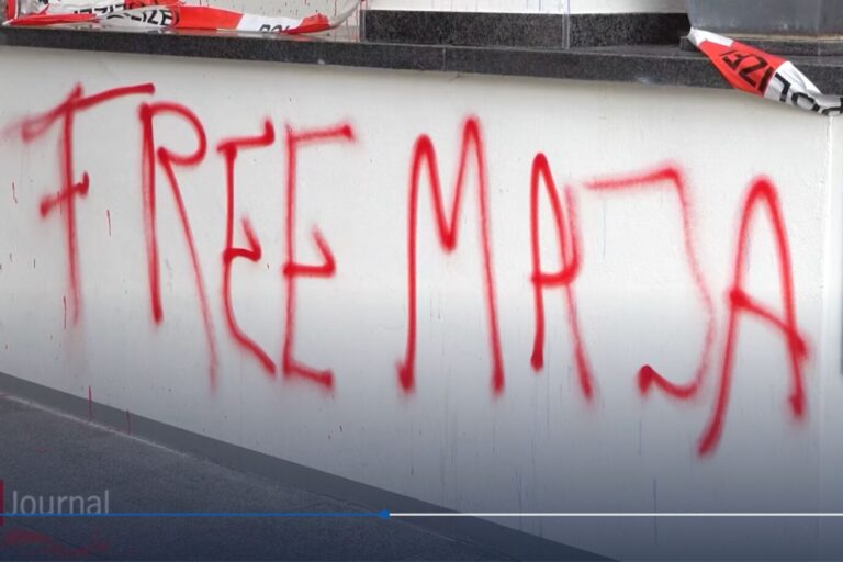 „Free Maja“ am Büro der CDU Hamburg: Inhaftierter Linksextremist ist ein Politikum. Quelle: NDR Screenshot: JF