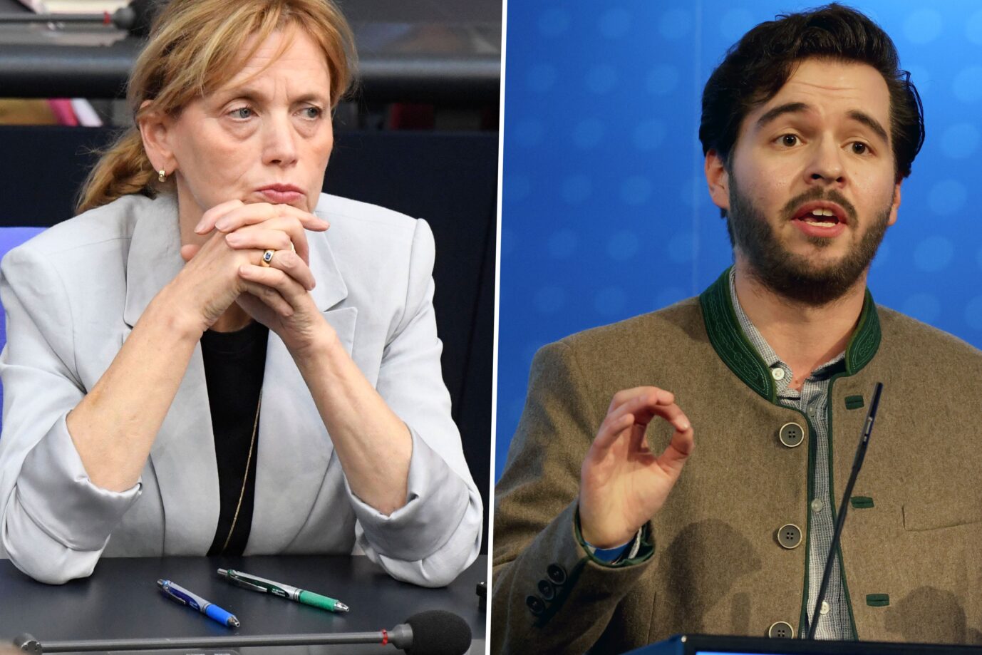 Das Bild zeigt Karin Prien von der CDU und Dario Seifert von der AfD. Das Familienministerium stellt einen Wagen beim CSD.