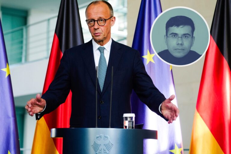 Das Bild zeigt Bundeskanzler Friedrich Merz, der eine Luftbrücke für Gaza ankündigt.