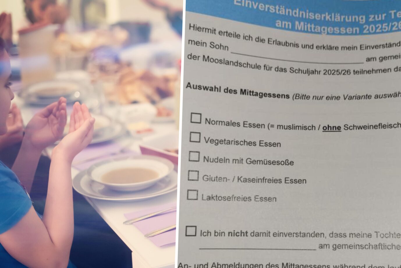Muslimische Kinder am Essenstisch. Die Mooslandschule führt islamische Speisevorschriften ein. Halal ist das neue Normal.