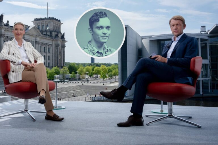 Das Bild zeigt AfD-Chefin Alice Weidel und den ARD-Journalisten Markus Preiß. Es gibt aktuell scharfe Kritik an dem Sender und an der Berliner Polizei.
