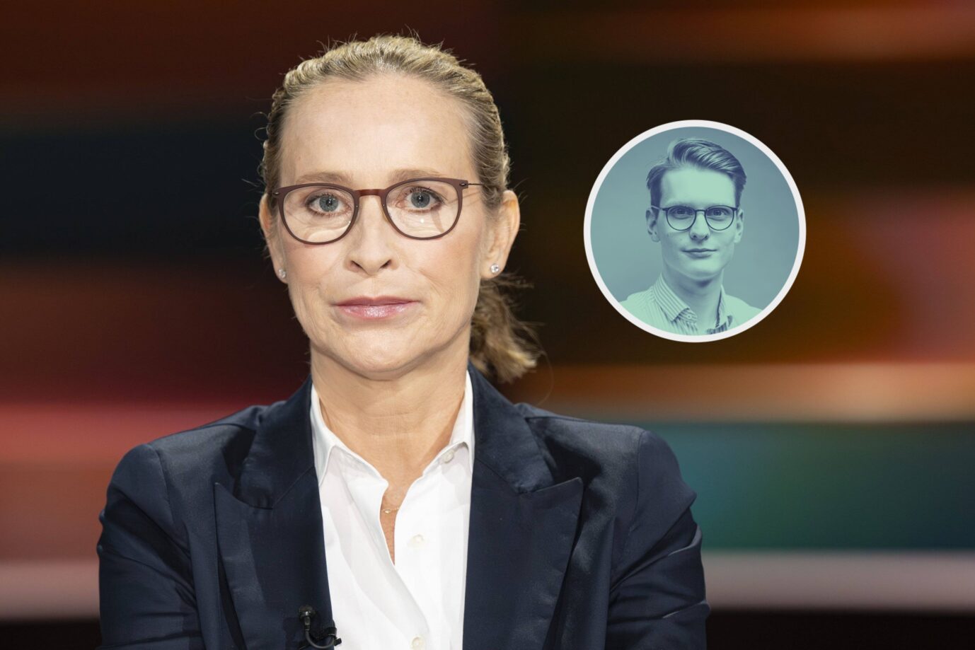 Die deutsche Juristin und Professorin für Öffentliches Recht, Frauke Brosius-Gersdorf, sitzt am 15. Juli 2025 in der ZDF-Talkshow „Markus Lanz“. Sie trägt eine randlose Brille, einen dunkelblauen Blazer und eine weiße Bluse, ihre blonden Haare sind nach hinten gebunden. Brosius-Gersdorf blickt ernst und konzentriert in Richtung Kamera. Im Hintergrund ist das verschwommen ausgeleuchtete Studio mit warmen Farbtönen zu sehen. Rechts über ihrer Schulter ist kreisförmig ein Porträtbild des Kommentators Sven Versteegen eingeblendet – junger Mann mit Brille, heller Hemdkragen, neutraler Gesichtsausdruck. Das Bild visualisiert einen Meinungsbeitrag zur Debatte um ihre Nominierung für das Bundesverfassungsgericht. Kandidatin für das Bundesverfassungsgericht Frauke Brosius-Gersdorf bei Markus Lanz im Studio: Sie sollte zurückziehen. Foto: IMAGO / teutopress