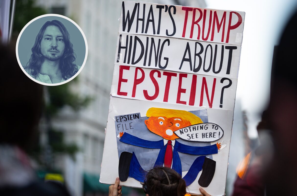 Ein Anti-Trump-Demonstrant fragt sich, was der US-Präsident wegen der angeblichen Epstein-Liste zu verbergen hat.