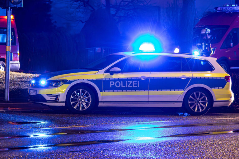 Auf einer nächtlichen Straße steht ein Polizeiauto mit Blaulicht – vielleicht muß es wegen einer Gewalttat in einer Asylunterkunft ausrücken