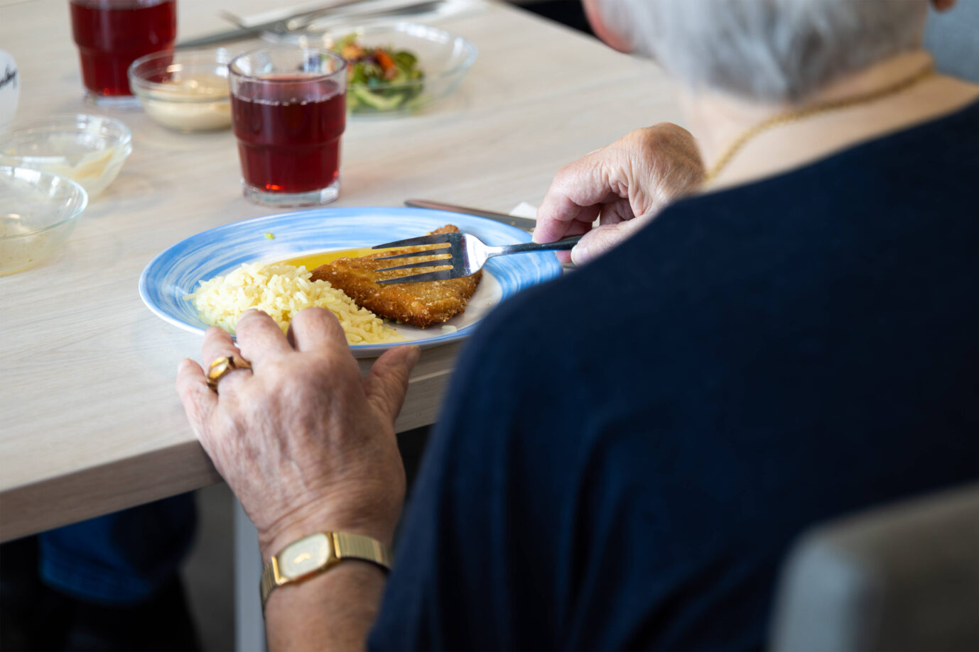 Deutschland 20. Mai 2025: Im Bild: Ein älterer Mensch oder Senior nimmt eine Mahlzeit an einem Tisch ein. Der Fokus liegt auf den Händen, die Besteck eine Gabel und ein Messer halten, um Speisen, möglicherweise ein paniertes Gericht mit Beilage, von einem blauen Teller aufzunehmen. Auf dem Tisch stehen weitere Gläser mit Getränken und kleine Schalen mit Beilagen oder Soßen. Diese Szene vermittelt einen Einblick in den alltäglichen Akt des Essens und kann das Thema Ernährung und Lebensqualität im Alter, möglicherweise in einem Seniorenheim oder einer Pflegeeinrichtung, illustrieren. Landkreis Osnabrück Niedersachsen *** Germany 20 May 2025 In the picture An elderly person or senior citizen takes a meal at a table The foc Copyright: xFotostandx/xGelhotx