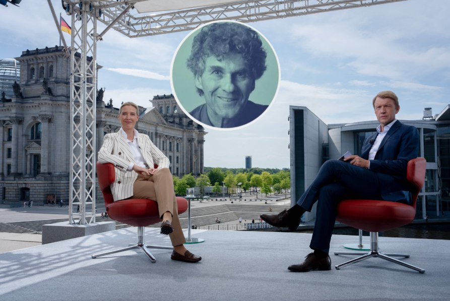 Links sitzt AfD-Chefin Alice Weidel und rechts der e Weidel und der ARD-Moderator Markus Preiß und linke Chaoten haben das Sommerinterview mit Lärm genervt