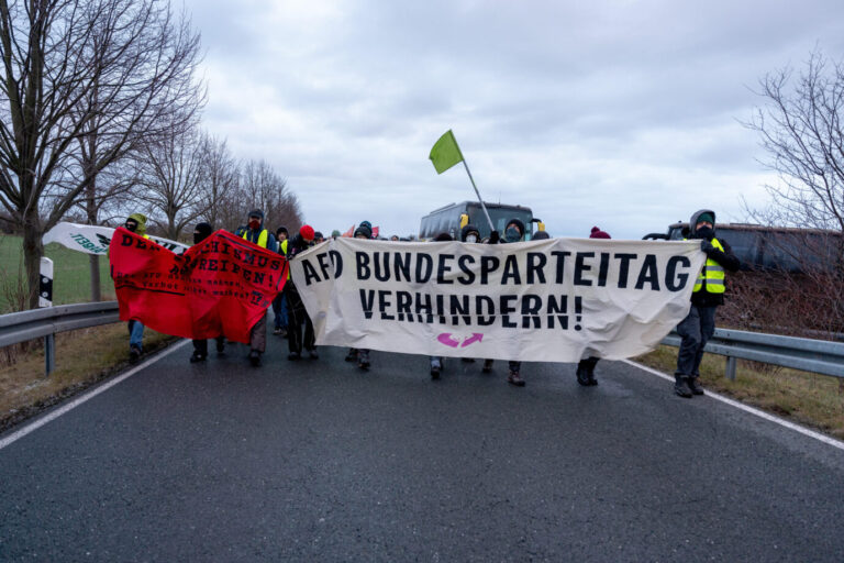Ein Demozug der Interventionistischen Linken gegen den AfD-Parteitag in Riesa: Auch bei der Parteijugend-Neugründung in Hessen rufen Linksradikale zu Gegenprotesten auf.