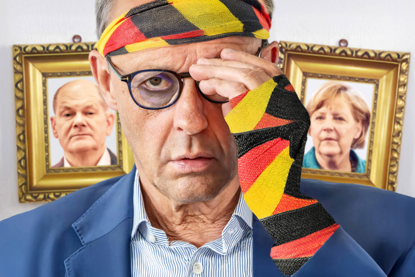 Statt Wirtschaftsaufschwung schwer zugerichtet: Bundeskanzler Friedrich Merz (CDU) vor den Bildern seiner Vorgänger Olaf Scholz und Angela Merkel.