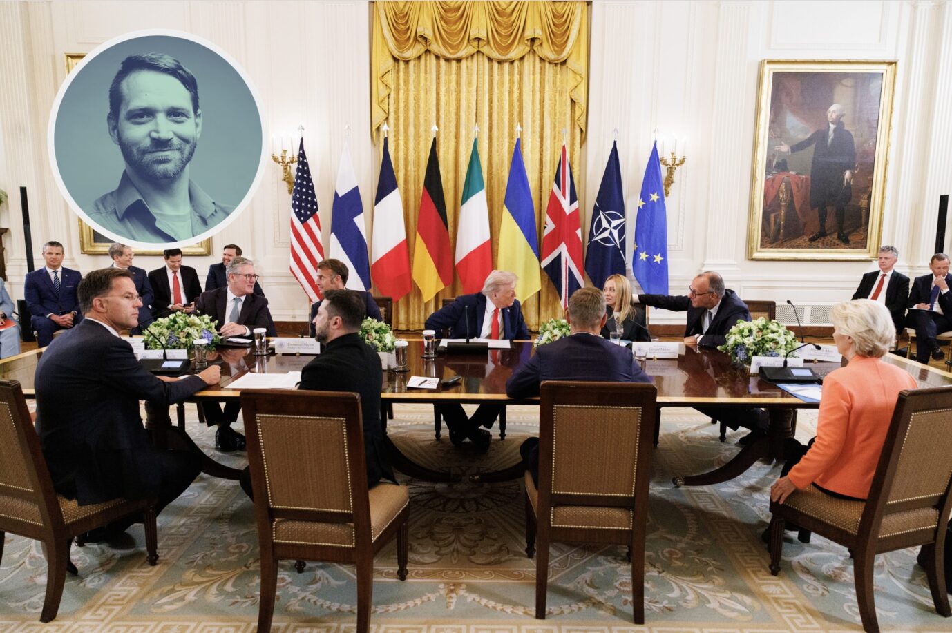 18.08.2025. Washington D.C., Vereinigte Staaten. Premierminister Keir Starmer trifft den Präsidenten der Ukraine, Wolodymyr Selenskyj, die italienische Premierministerin Giorgia Meloni, den Präsidenten von Finnland Alexander Stubb, den NATO-Generalsekretär Jens Stoltenberg und Ursula von der Leyen, Präsidentin der Europäischen Kommission, vor einem Treffen mit US-Präsident Donald Trump, bei dem sie die Zukunft der Ukraine im Weißen Haus besprechen werden. Zusammen am Katzentisch.