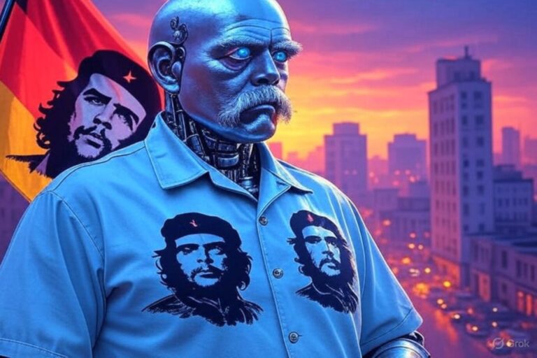 Das Bild zeigt einen KI-generierten Roboter-Bismarck mit Deutschlandfahne und Che Gue Vara-Shirt.
