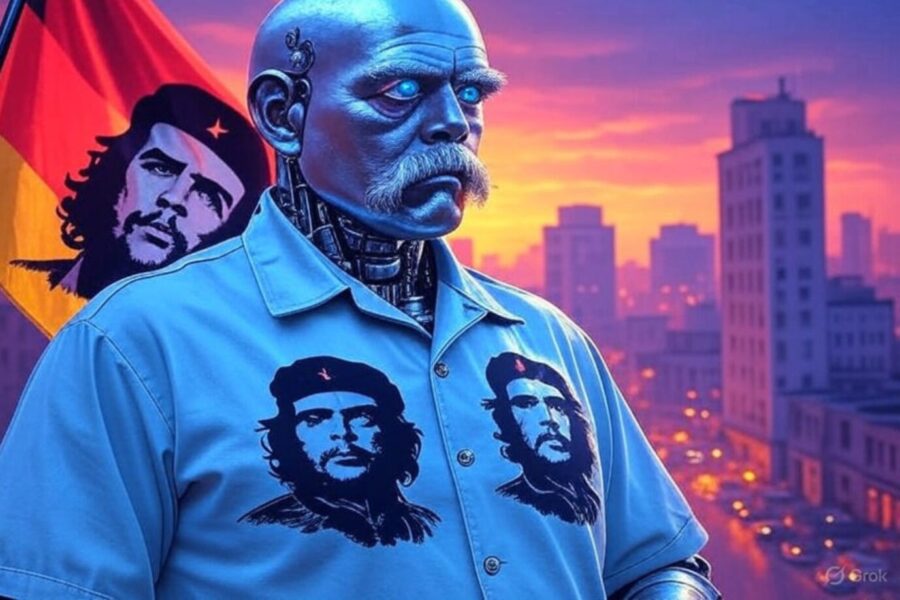 Das Bild zeigt einen KI-generierten Roboter-Bismarck mit Deutschlandfahne und Che Gue Vara-Shirt.