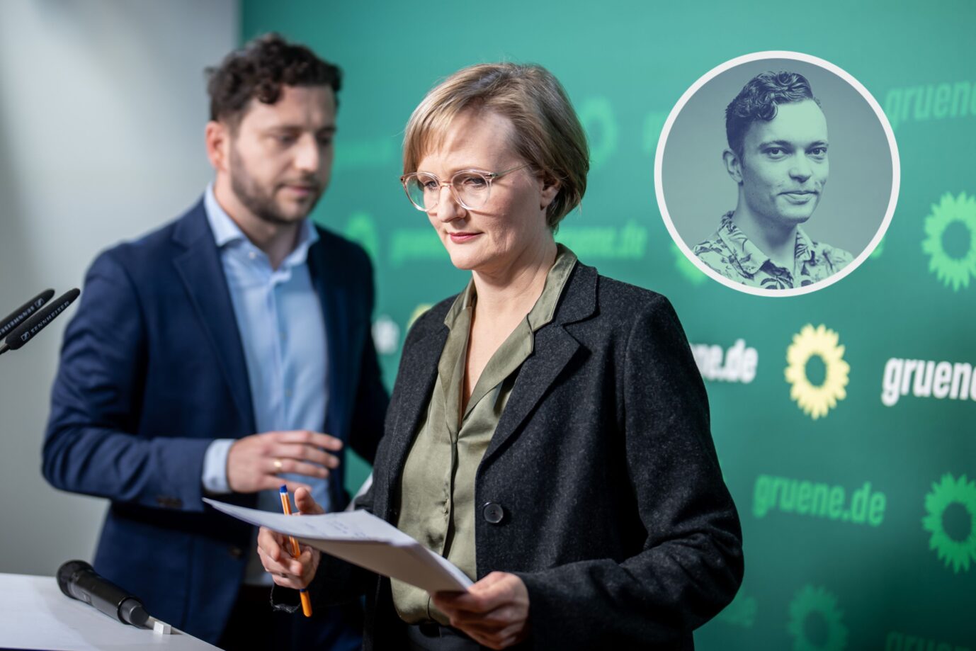 Das Bild zeigt die Grünen-Chefs Felix Banaszak und Franziska Brantner.