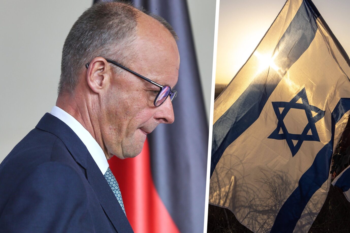 Bundeskanzler Friedrich Merz und eine Fahne Israels