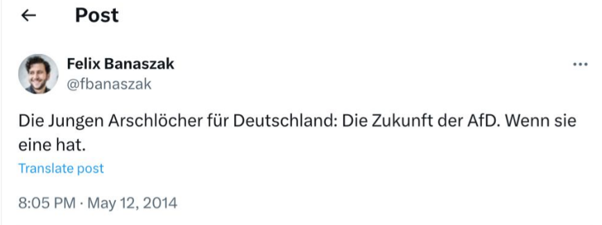 Auch dieser Tweet aus dem Jahr 2014 wurde von Banaszak gelöscht. Doch das Netz vergißt nie. Screenshot (Archiv): JF