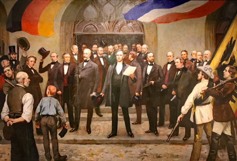 Dänemarks Geschichte: Proklamation der Provisorischen Regierung Schleswig-Holsteins am 24. März 1848 vor dem Kieler Rathaus; Druck nach einem Gemälde von Hans Olde und Julius Fürst, 1898.