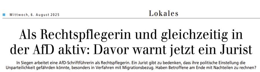 In der lokalen Presse wird die Neutralität der Rechtspflegerin infrage gestellt. Screenshot Siegener Zeitung / JF