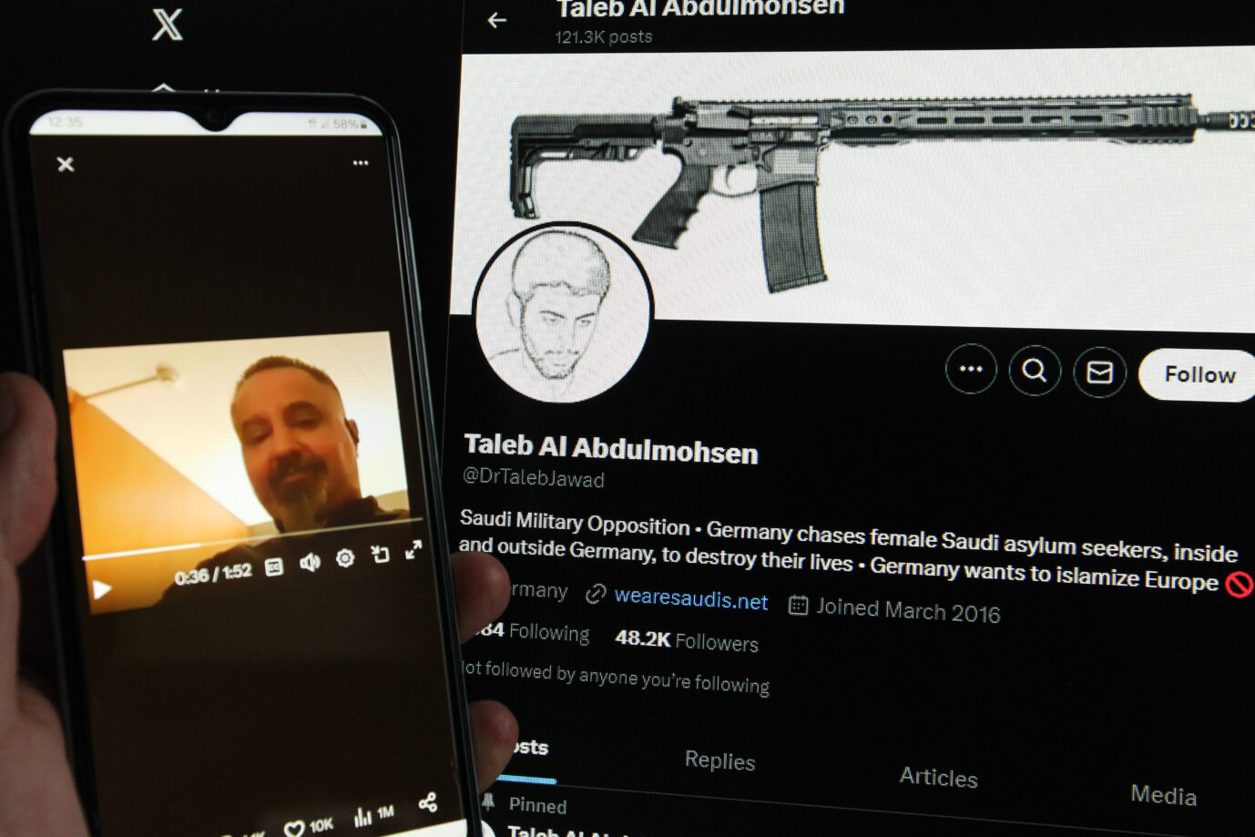 Auf einem Laptop wurde der X-Account von Taleb Al-Abdulmohsen, dem mutmaßlichen Attentäter vom Weihnachtsmarkt in Magdeburg, geöffnet. Davor wurde auf einem Smartphone ebenfalls X vormals Twitter geöffnet. Dort ist ein Videocall mit Al-Abdulmohsen zu sehen. Der. Bundesopferbeauftragte betreut Tausende traumatisierte Terror-Zeugen. Schnelsen Hamburg *** The X account of Taleb Al Abdulmohsen, the suspected attacker at the Christmas market in Magdeburg, was opened on a laptop Before that, X formerly Twitter was also opened on a smartphone A video call with Al Abdulmohsen can be seen there Schnelsen Hamburg