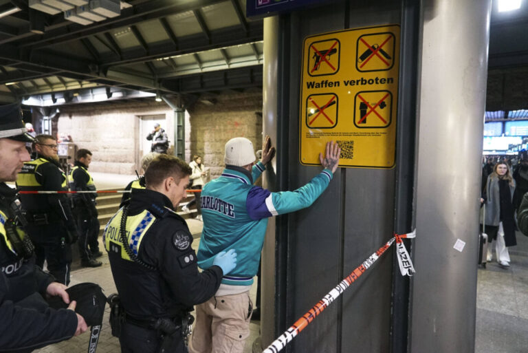Polizisten der Bundes- und Landespolizei durchsuchen am Hamburger Hauptbahnhof einen Mann im Rahmen einer Waffenverbotskontrolle. Der Verdächtige steht mit erhobenen Händen an einer Säule, an der ein großes gelbes Schild auf das Verbot von Schusswaffen, Messern, Pfefferspray und anderen Waffen hinweist. Im Hintergrund sichern weitere Beamte das Areal mit Absperrband, während Reisende vorbeigehen. Aufnahme vom 25. Februar 2025. Waffenkontrolle der Polizei am Hauptbahnhof Hamburg: Laut Bundesregierung sind Ausländer bei schweren Taten überrepräsentiert. Foto: IMAGO / BREUEL-BILD